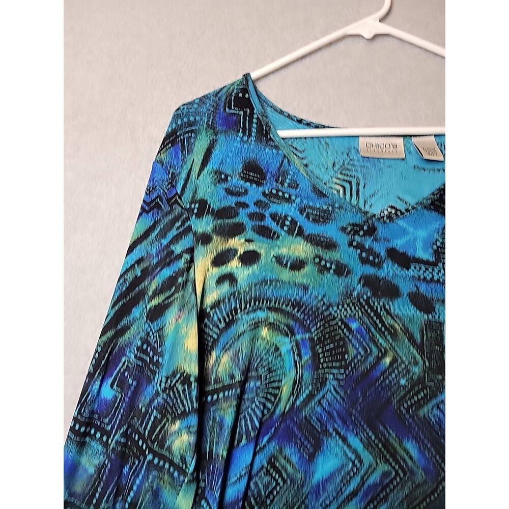 Chico's Travelers Blue Artsy Nautilus Slinky LS V Neck Blouse Women's 1 US Med - Picture 4 of 12